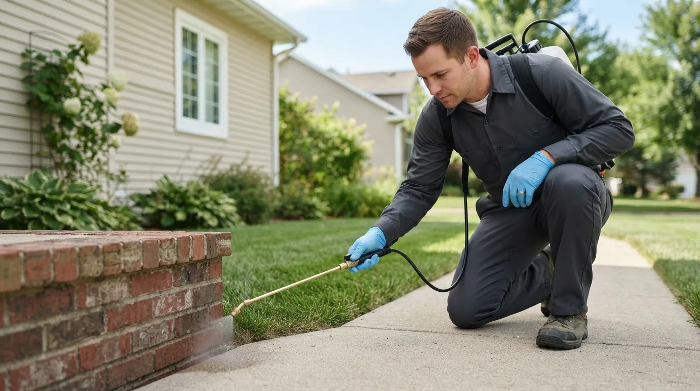 Pest control technician treating a home near Powell Butte, OR